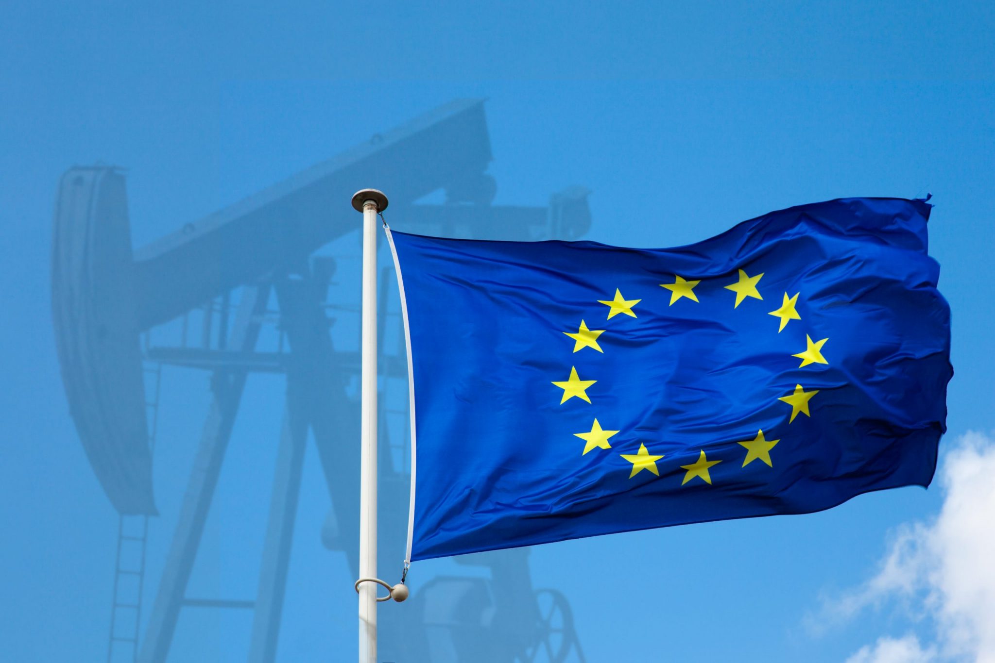 EU flag in front of oil rig