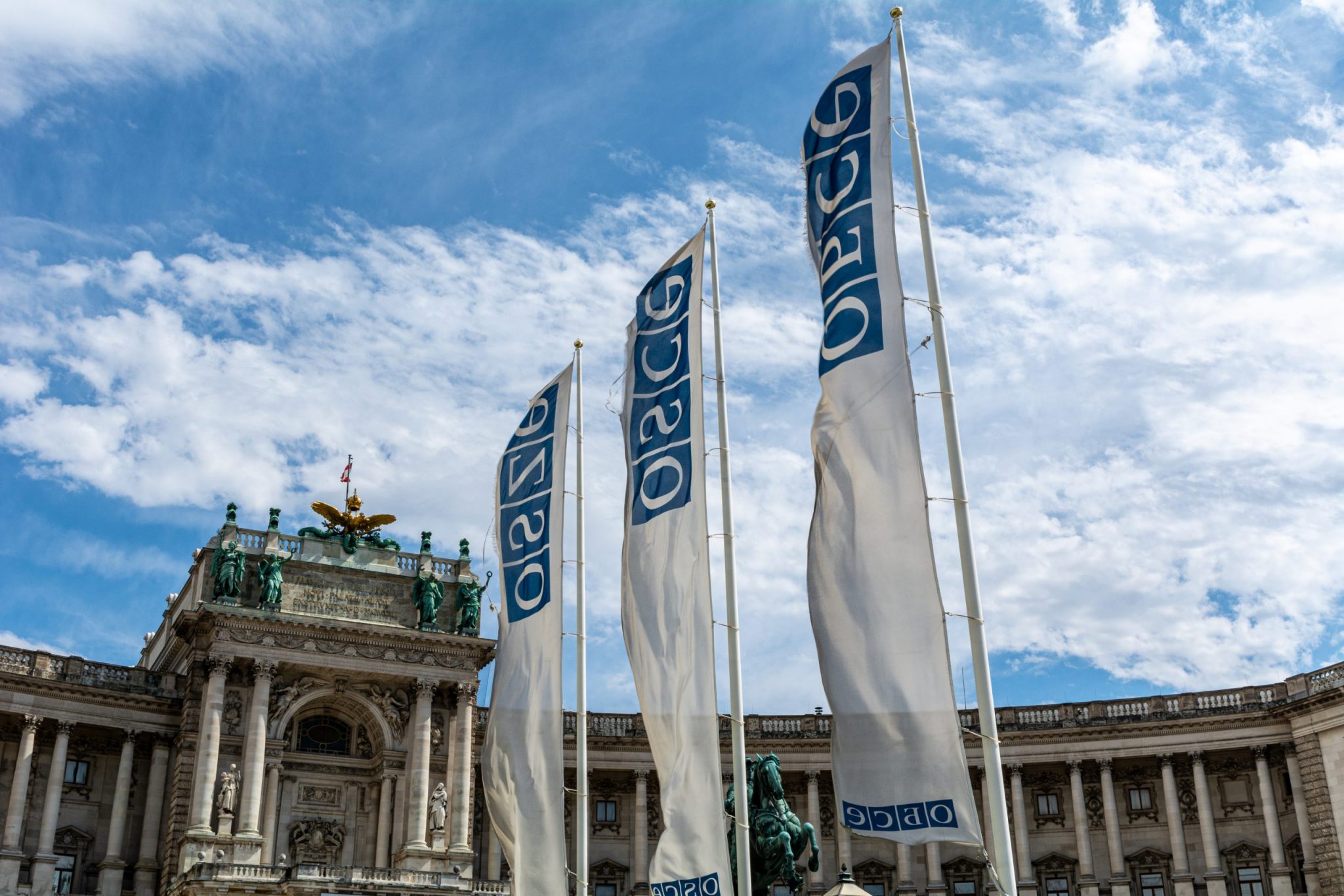 Flags of the Organization for Security and Cooperation in Europe (OSCE) in the Front of their Headquarters in the Hofburg Palace in Vienna, Austria