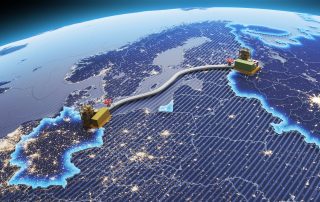 3D render of the construction of the gas pipe Nord Stream 2. The concept of sanctions and economic war, an anvil falling on a gas pipe.