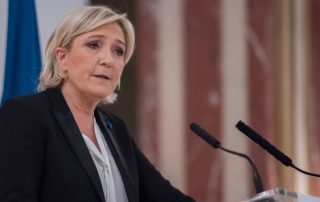 PARIS, FRANCE - MARCH 2, 2017: Marine Le Pen, president of the National Front a national-conservative political party in France in presidential conference about What role for the State in the economy.