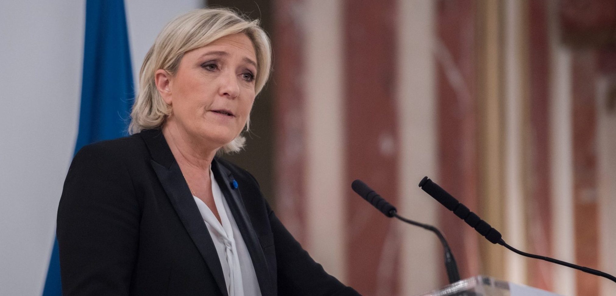 PARIS, FRANCE - MARCH 2, 2017: Marine Le Pen, president of the National Front a national-conservative political party in France in presidential conference about What role for the State in the economy.