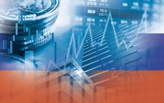 Stock market investment trading financial, coin and Russia flag or Forex for analyze profit finance business trend data background.