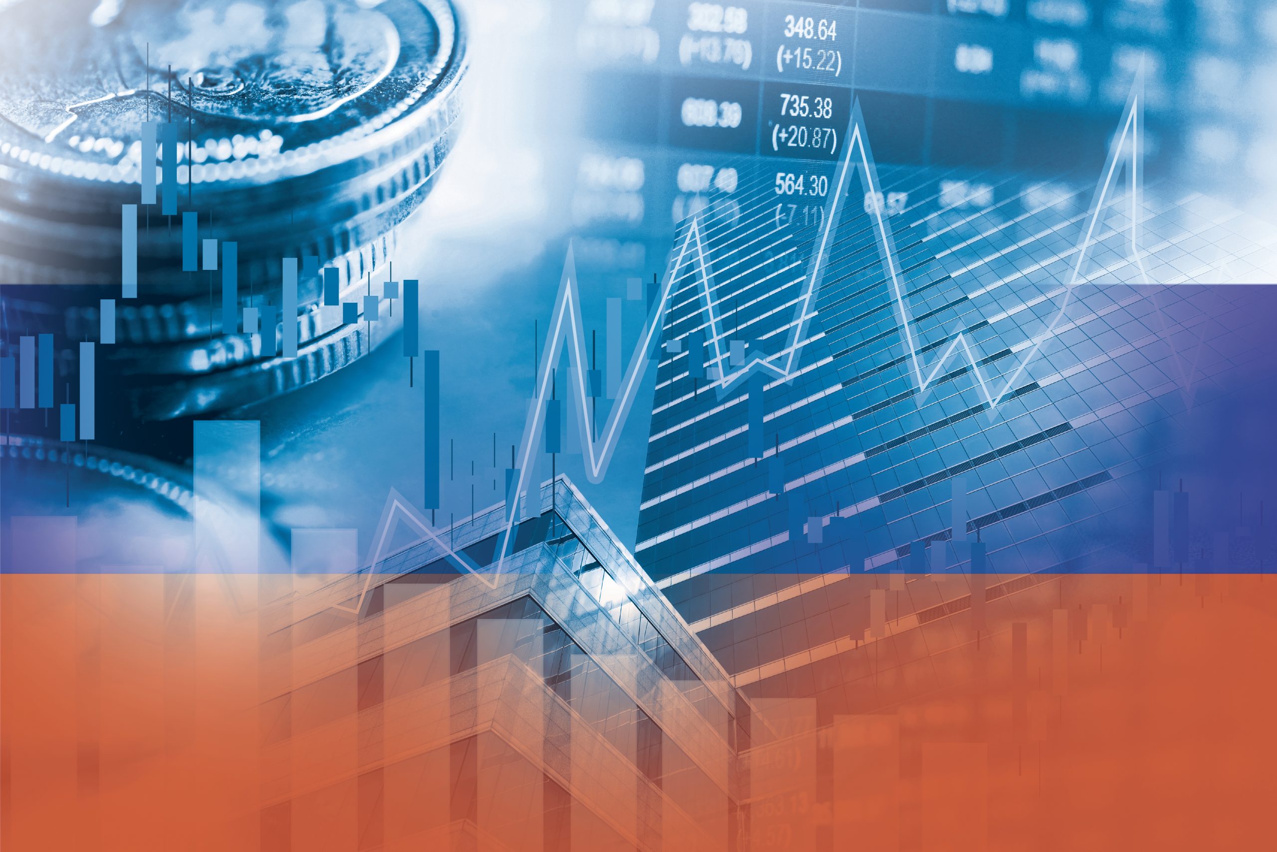 Stock market investment trading financial, coin and Russia flag or Forex for analyze profit finance business trend data background.