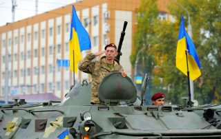 Severodonetsk, Ukraine - October 14, 2021. A military parade in honor of the Day of Defenders of Ukraine in front-line Severodonetsk.