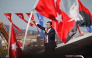Mayor of Istanbul Ekrem Imamoglu of the main opposition Republican People's Party (CHP) addresses his supporters during a rally in Istanbul, Turkey, April 21, 2019.