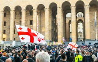 1 november, 2020. Tbilisi.Republic of Georgia.Post parliament election protest. Crowds of people standing in front of Parliament building.