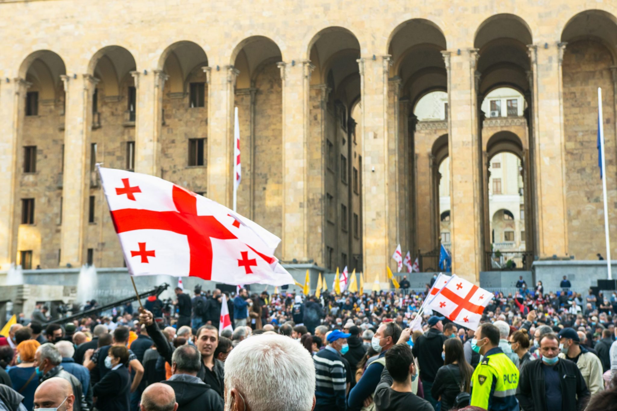 1 november, 2020. Tbilisi.Republic of Georgia.Post parliament election protest. Crowds of people standing in front of Parliament building.