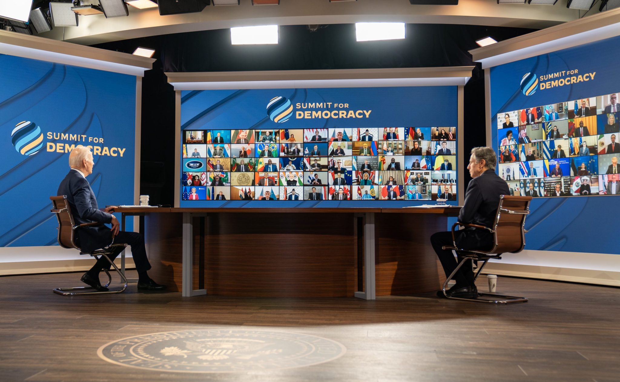 WASHINGTON,DC, UNITED STATES - DECEMBER 9, 2021: President Joe Biden and Secretary of State Anthony Blinken welcome world leaders at the virtual Summit For Democracy at the White House