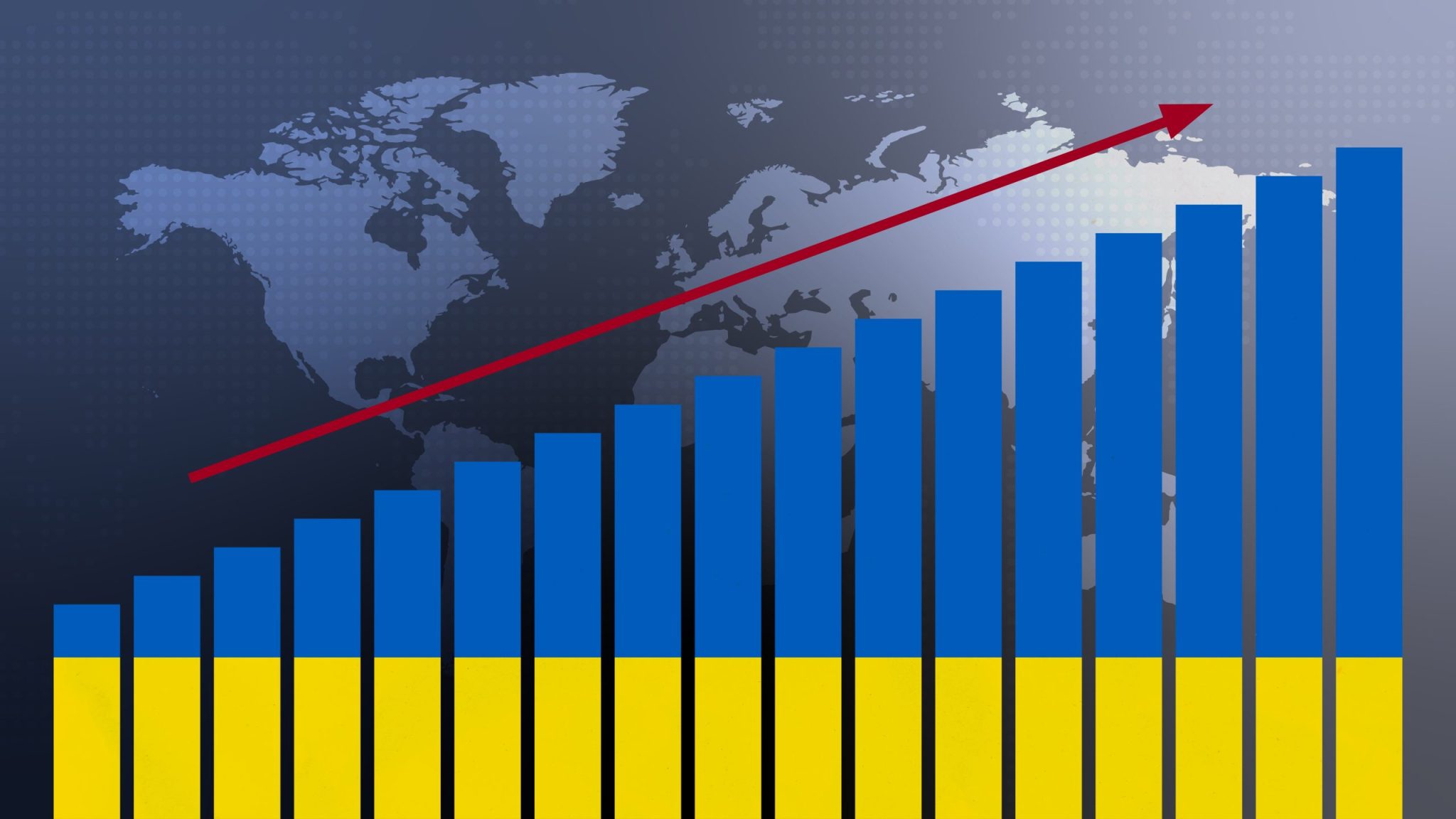 Ukraine flag on bar chart concept with increasing values, economic recovery and business improving after crisis and other catastrophe as economy and businesses reopen again