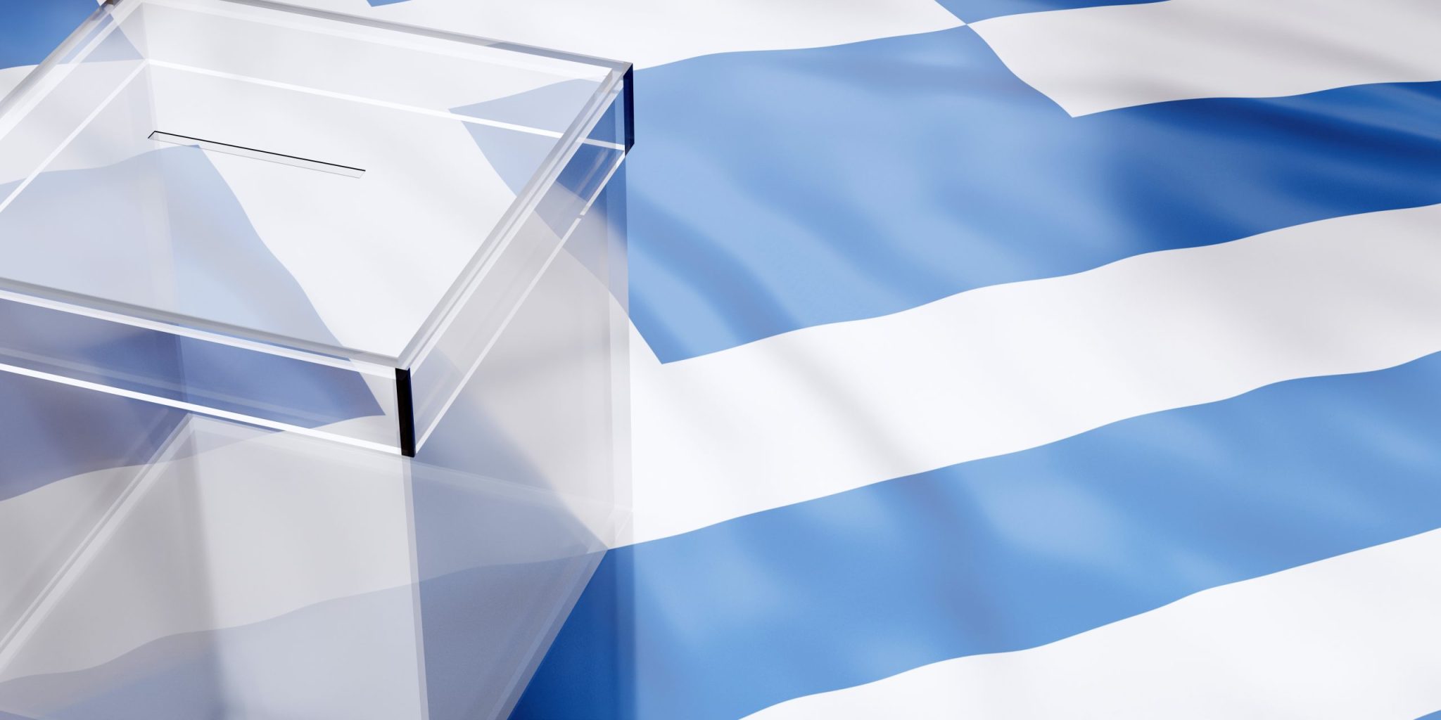 Transparent Ballot box on blue and white color Greece flag background.